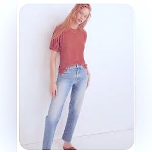 Madewell Rust Top with Light Blue Straight Leg Jeans